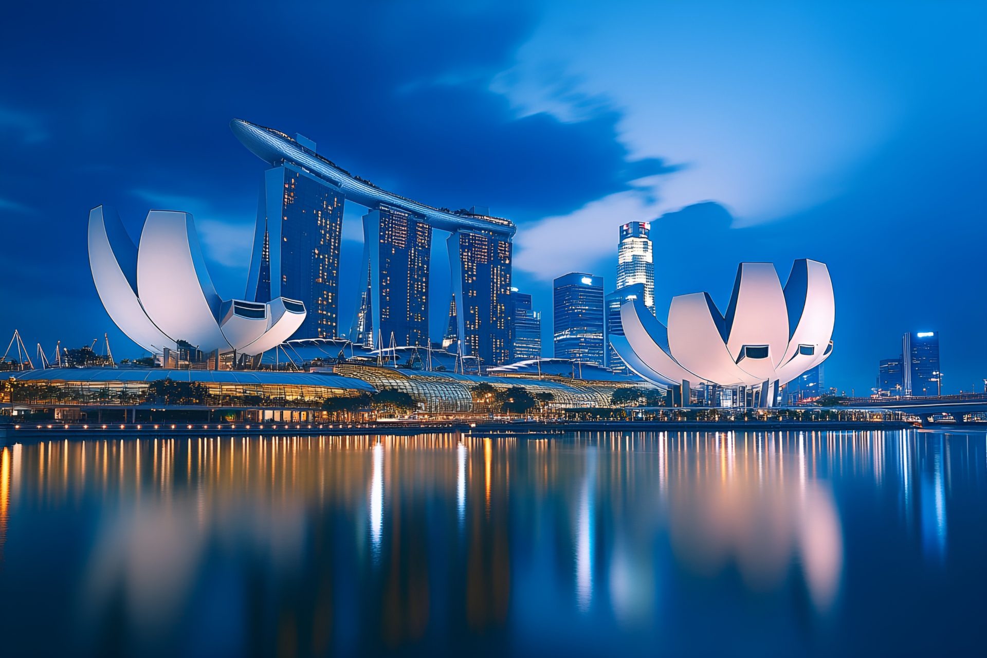 现代都市风光新加坡滨海湾金沙酒店滨海湾花园夜景商业照片（仅供交流学习非商用）